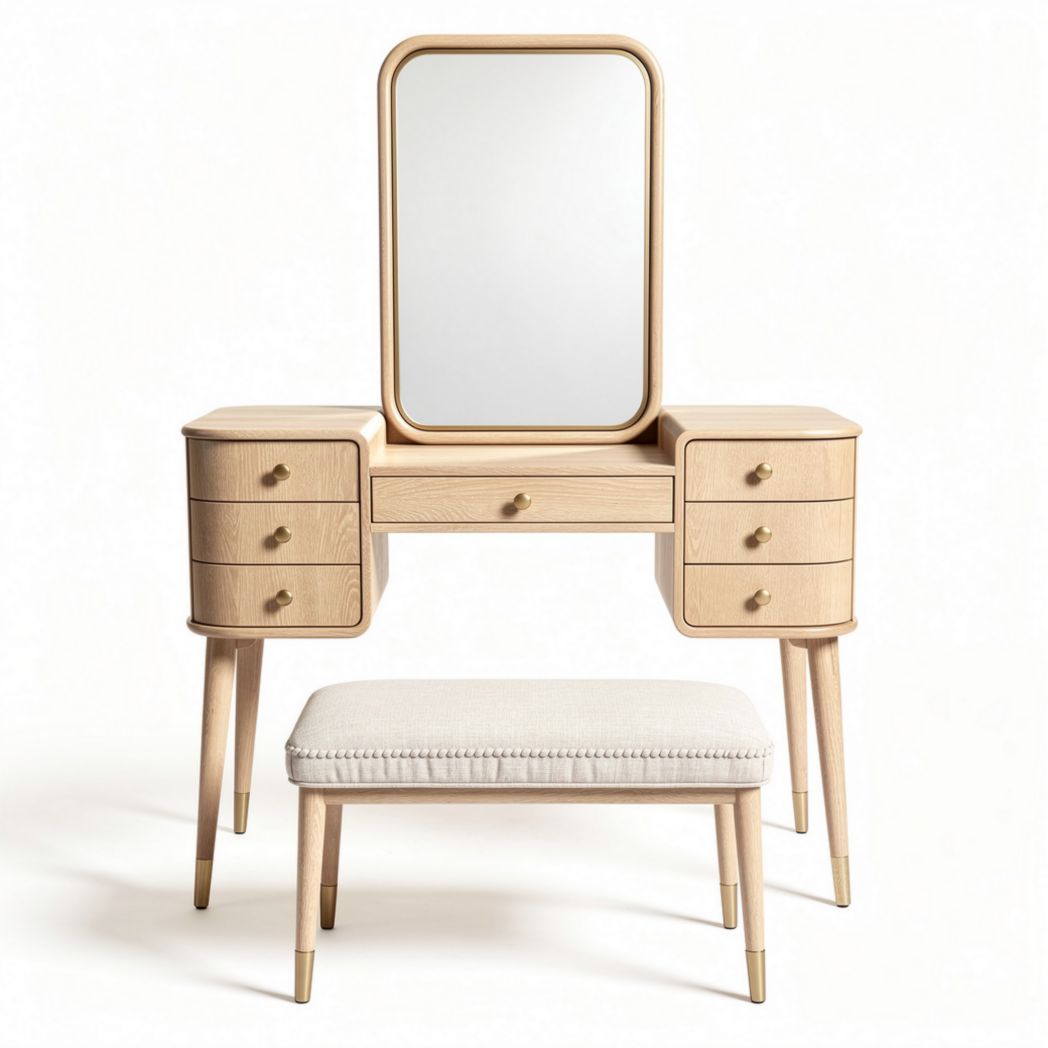 Coiffeuse en bois clair avec miroir et pouf dimensions 80 x 40 x 150cm