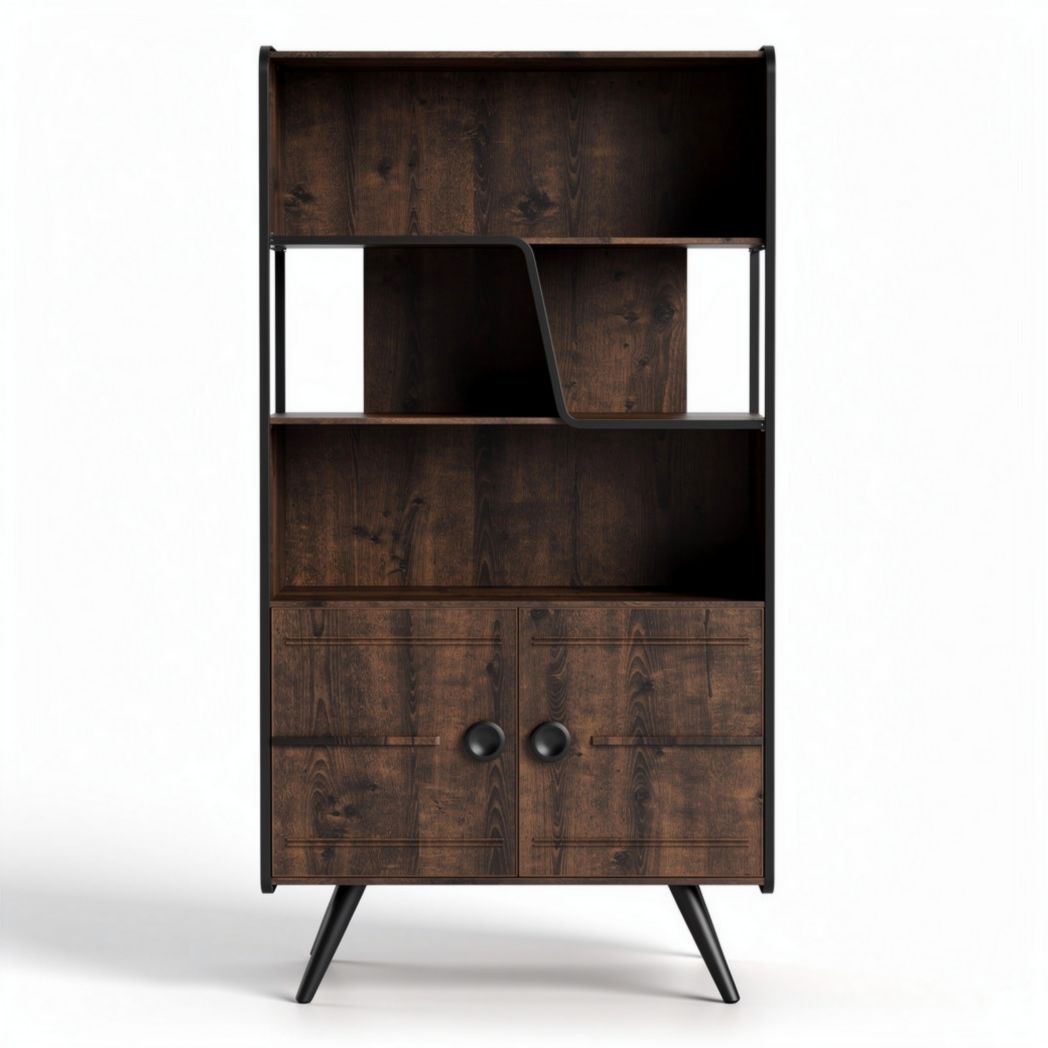 Étagère en bois noir avec rangement et deux tiroirs 180 x 80 x 40cm