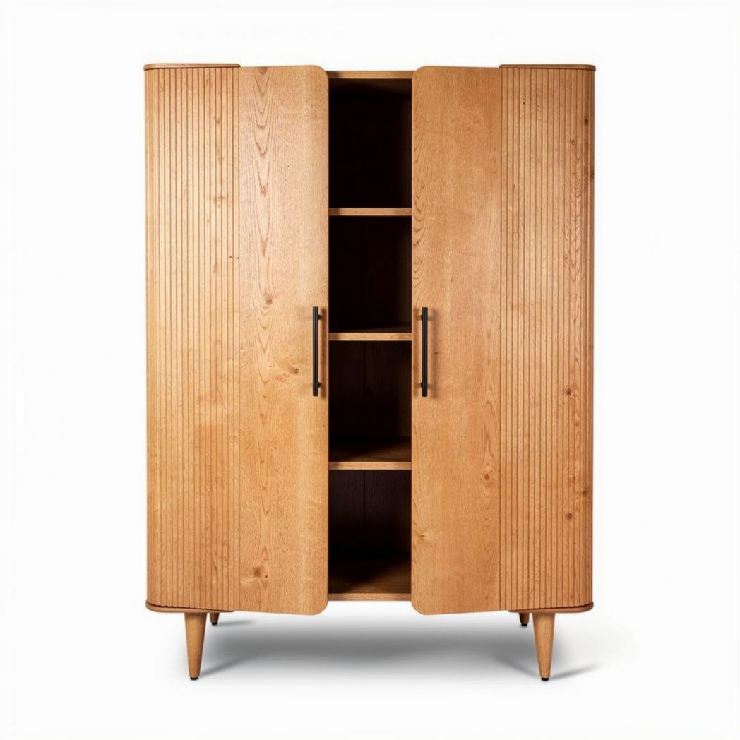 Armoire en bois naturel avec portes à rainures et espaces de rangement 90 x 45 x 130cm