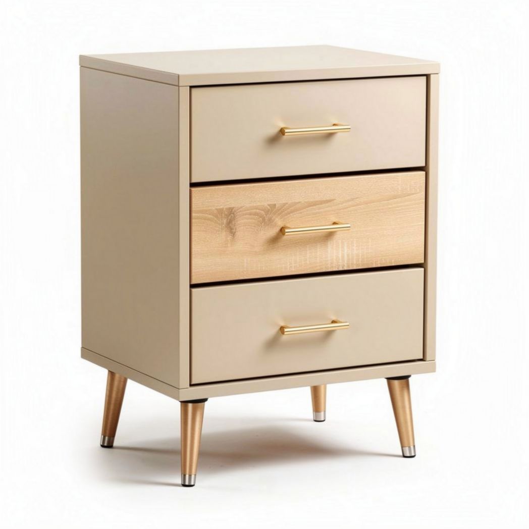 Commode en bois avec trois tiroirs couleur beige et pieds dorés 45 x 40 x 60cm