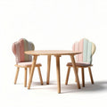 Table ronde en bois avec deux chaises rembourrées en tissus colorés 80 x 80 x 75cm