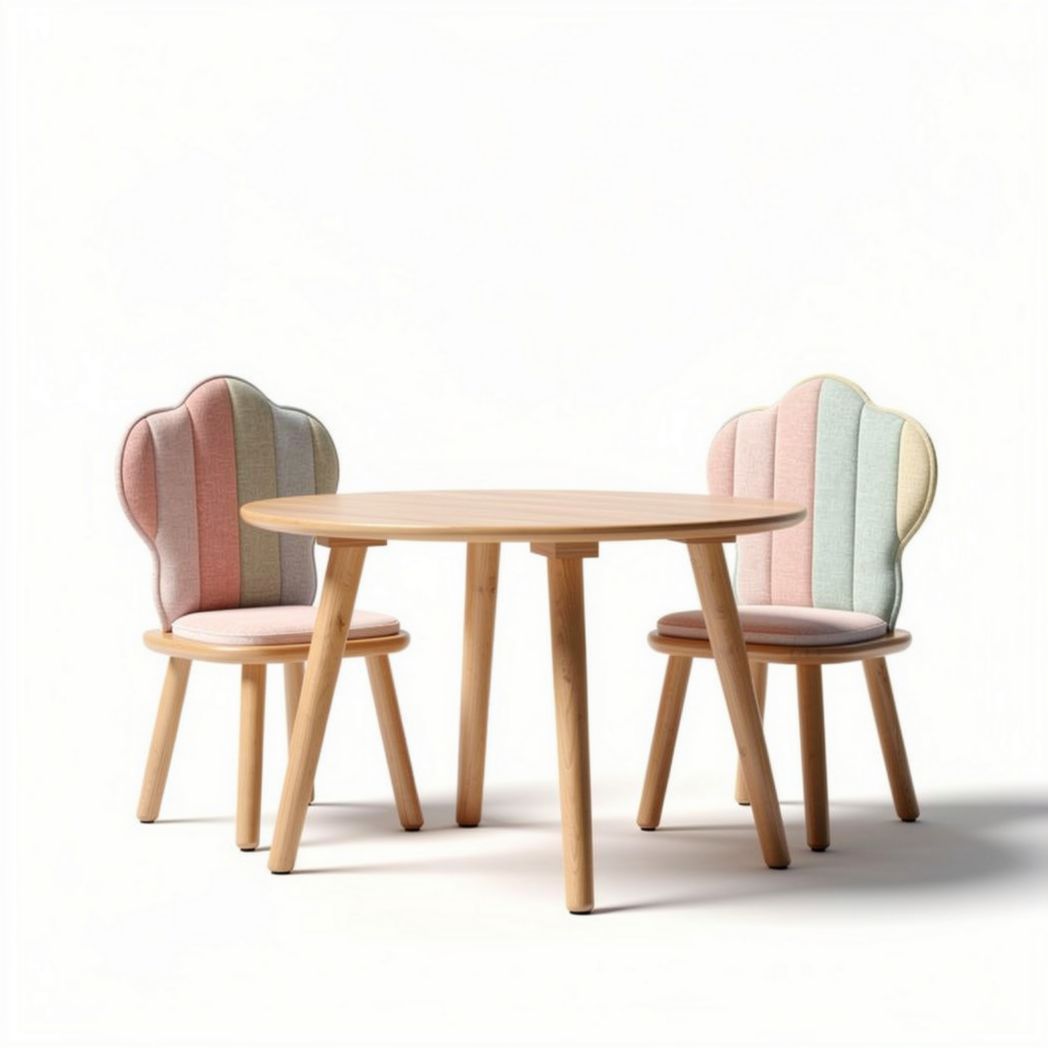 Table ronde en bois avec deux chaises rembourrées en tissus colorés 80 x 80 x 75cm